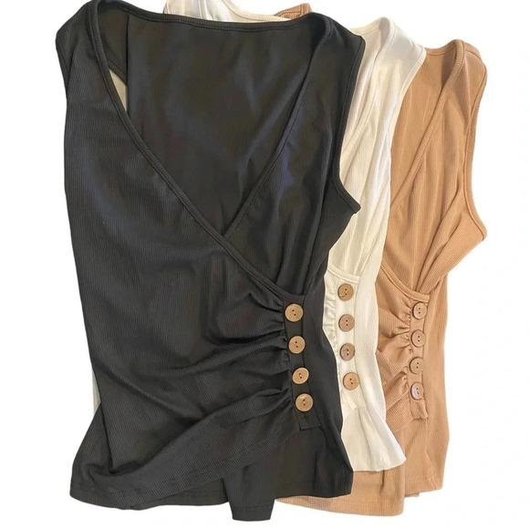 new ribbed tank top set  white, tan and black with wrap style and button finish - Picture 1 of 6